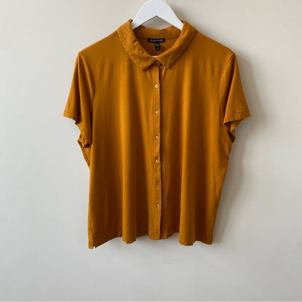 Eileen Fisher Mustard Yellow Button Down Shirt Short Sleeve Women’s Size Large